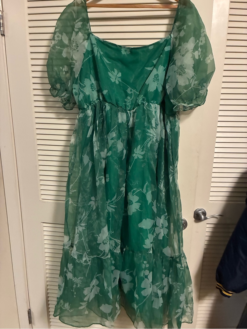 SHEIN Green Floral Puff-Sleeve Midi Dress